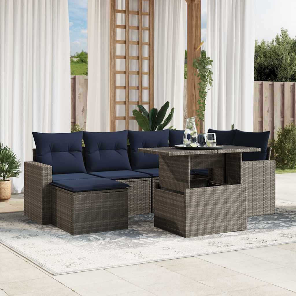 7-teiliges Gartensofa-Set mit Kissen, schwarzes Polyrattan