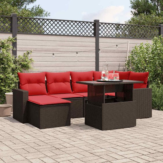 7-teiliges Gartensofa-Set mit Kissen, schwarzes Polyrattan