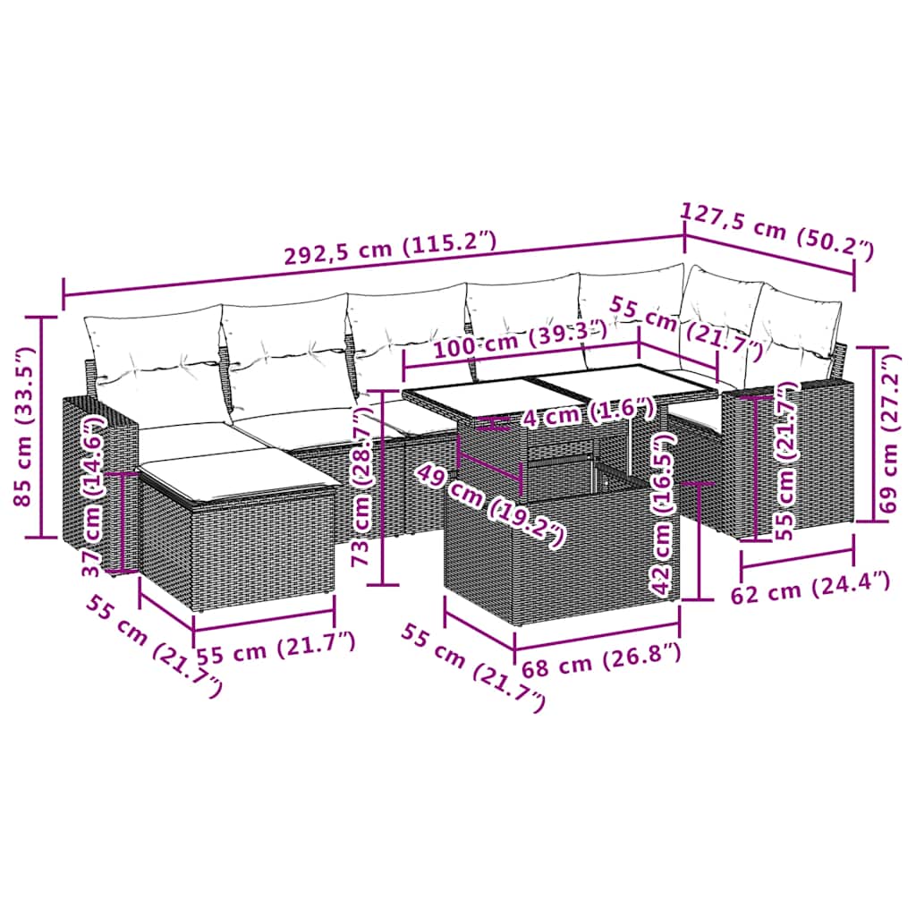 8-teiliges Gartensofa-Set mit Kissen, schwarzes Polyrattan