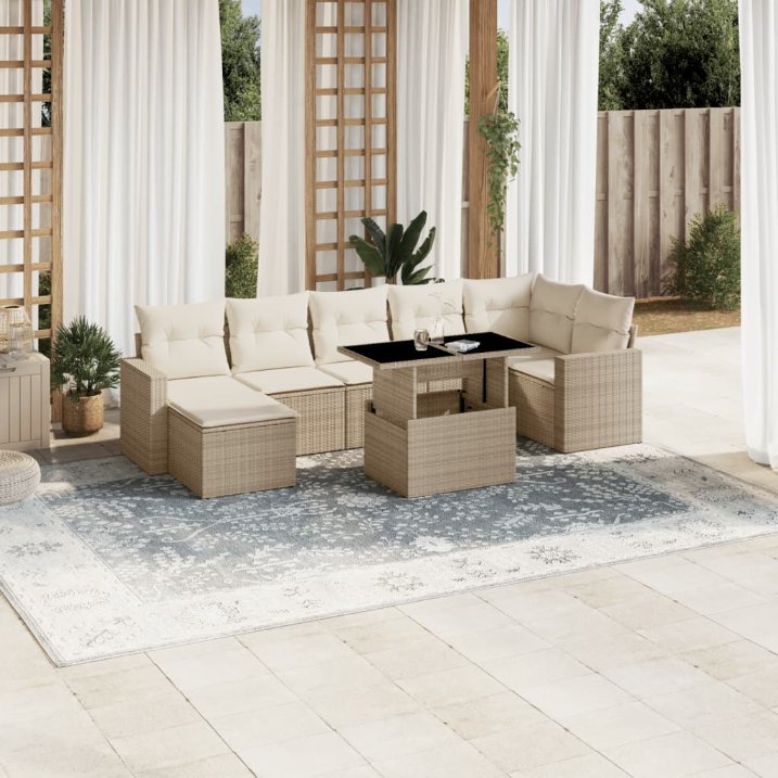 8-tlg. Garten-Sofagarnitur mit Kissen Schwarz Poly Rattan