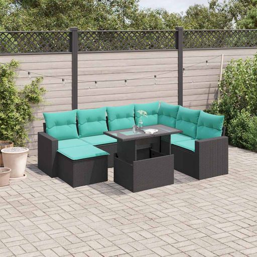 8-teiliges Gartensofa-Set mit Kissen, schwarzes Polyrattan