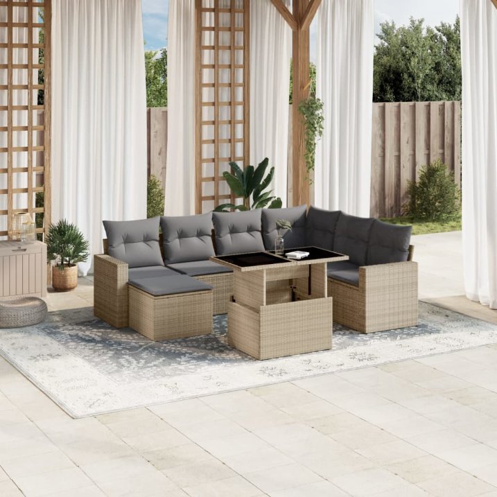 8-tlg. Garten-Sofagarnitur mit Kissen Schwarz Poly Rattan