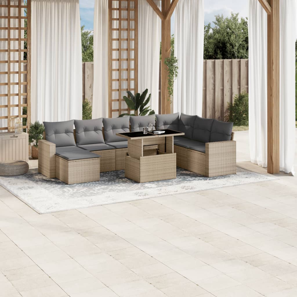 9-tlg. Garten-Sofagarnitur mit Kissen Schwarz Poly Rattan