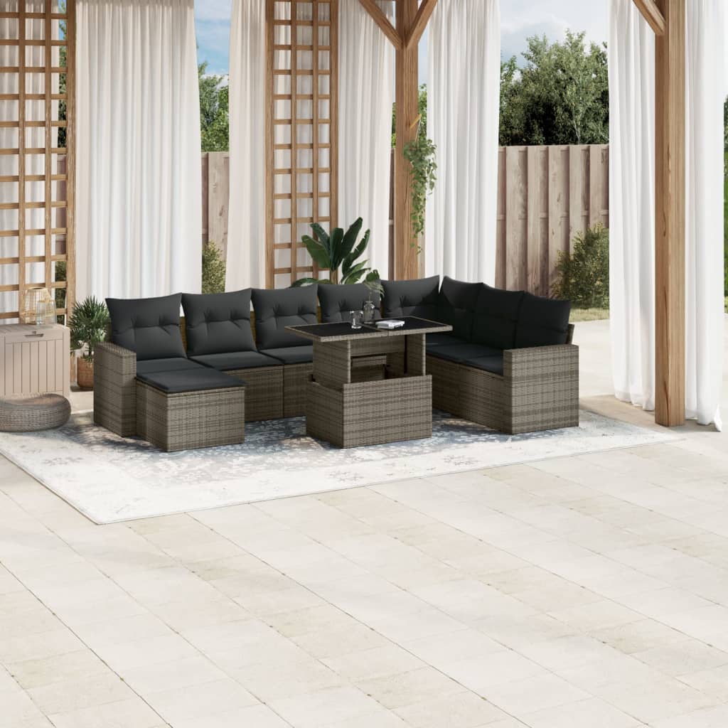 9-tlg. Garten-Sofagarnitur mit Kissen Schwarz Poly Rattan