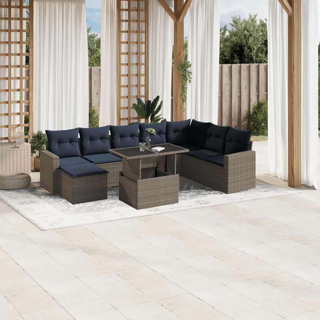 9-teiliges Gartensofa-Set mit Kissen, schwarzes Polyrattan