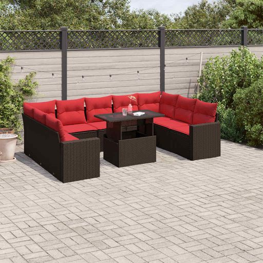 vidaXL 10-teiliges Gartensofa-Set mit Kissen, schwarzes Polyrattan