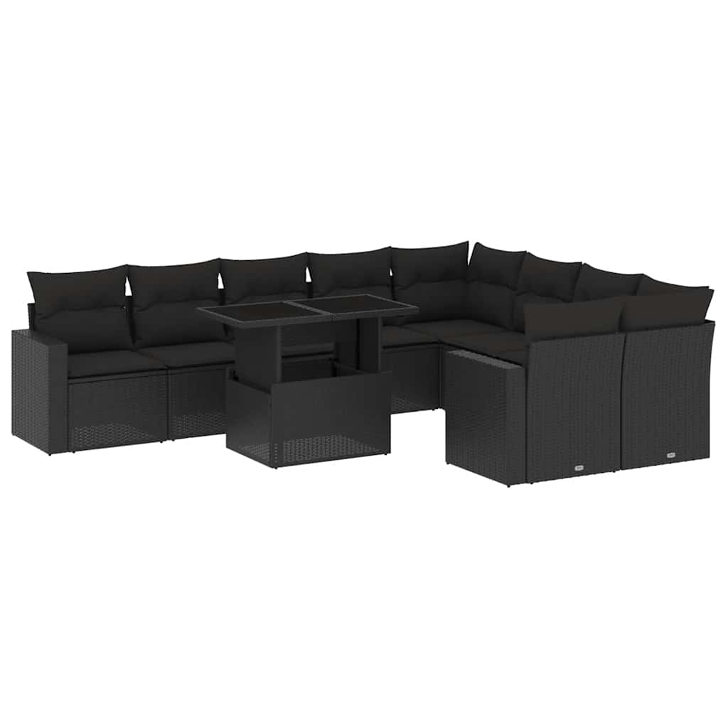 vidaXL 10-tlg. Garten-Sofagarnitur mit Kissen Schwarz Poly Rattan
