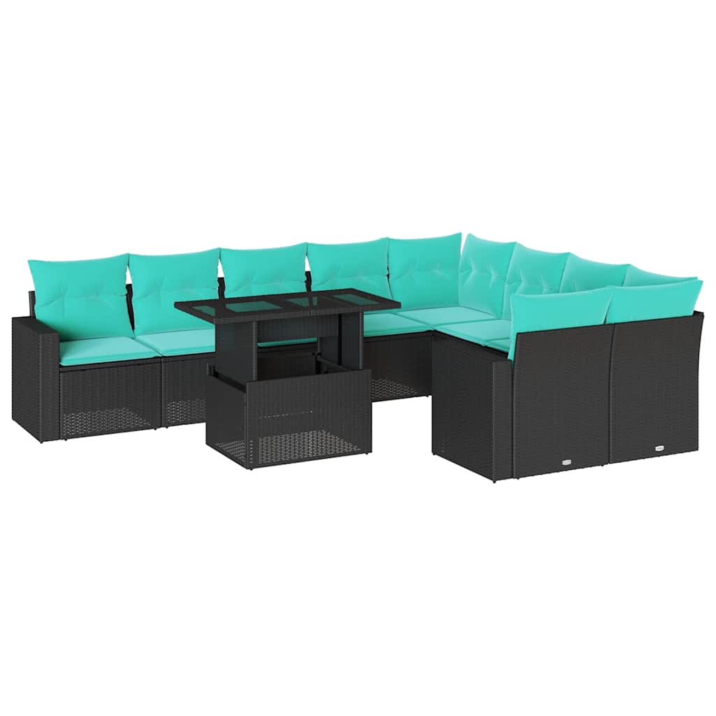 vidaXL 10-teiliges Gartensofa-Set mit Kissen, schwarzes Polyrattan
