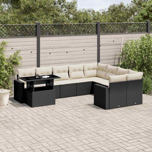 vidaXL 10-tlg. Garten-Sofagarnitur mit Kissen Schwarz Poly Rattan