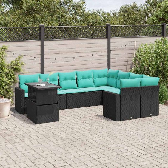 vidaXL 10-teiliges Gartensofa-Set mit Kissen, schwarzes Polyrattan