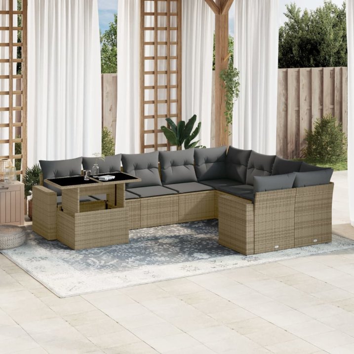 vidaXL 10-tlg. Garten-Sofagarnitur mit Kissen Schwarz Poly Rattan