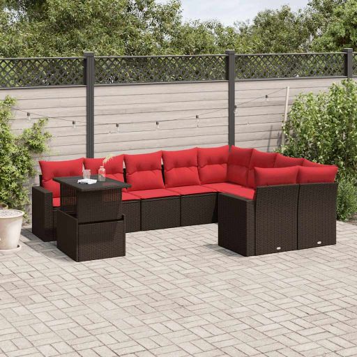 vidaXL 10-teiliges Gartensofa-Set mit Kissen, schwarzes Polyrattan
