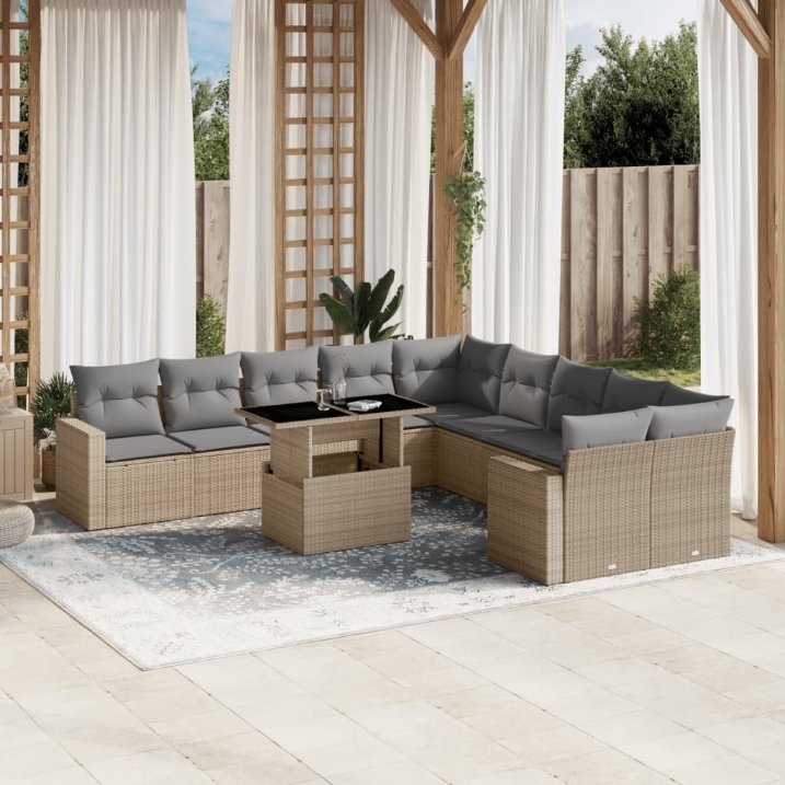 vidaXL 11-tlg. Garten-Sofagarnitur mit Kissen Schwarz Poly Rattan