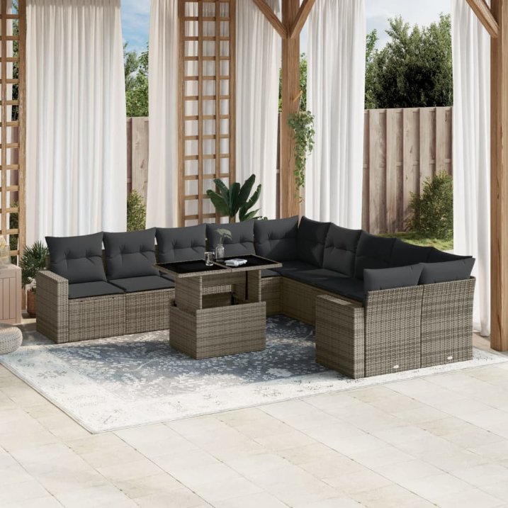 vidaXL 11-tlg. Garten-Sofagarnitur mit Kissen Schwarz Poly Rattan