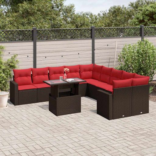 vidaXL 11-teiliges Gartensofa-Set mit Kissen, schwarzes Polyrattan
