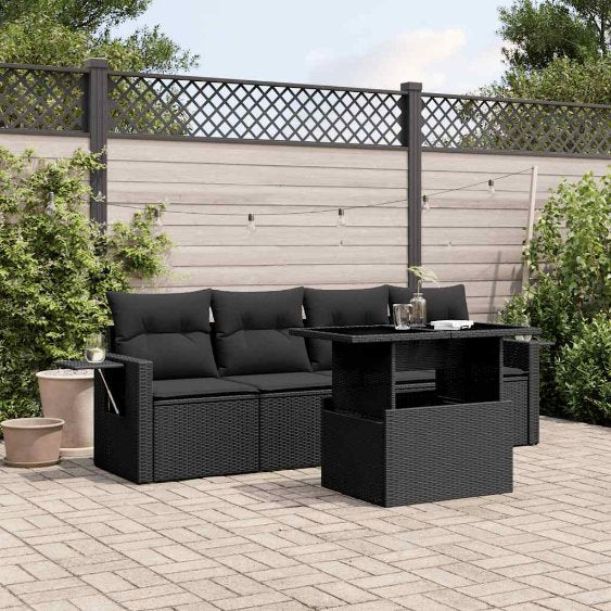 5-tlg. Garten-Sofagarnitur mit Kissen Schwarz Poly Rattan