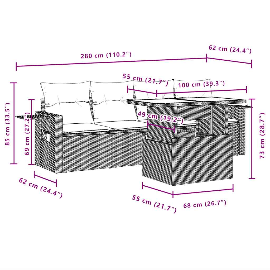 5-teiliges Gartensofa-Set mit Kissen, schwarzes Polyrattan