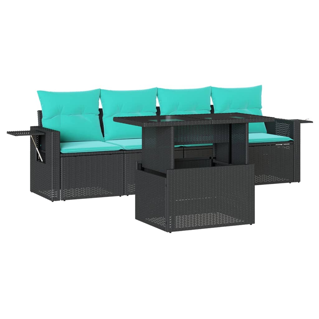 5-teiliges Gartensofa-Set mit Kissen, schwarzes Polyrattan