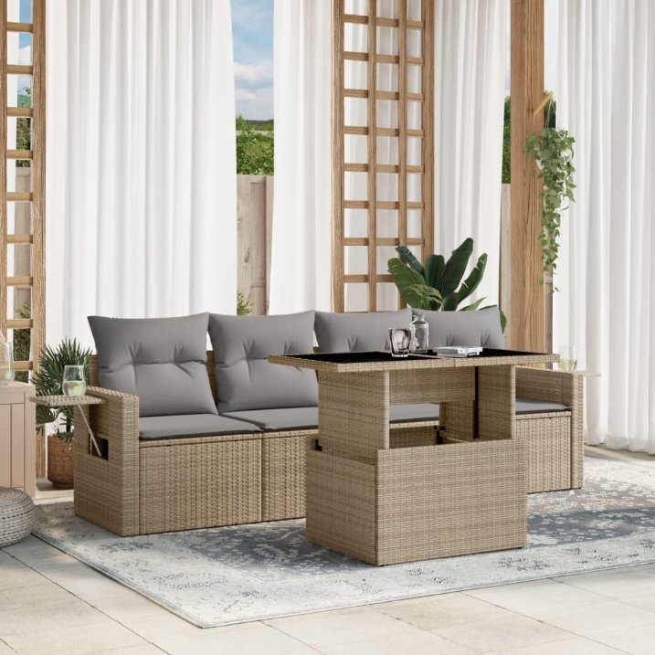 5-tlg. Garten-Sofagarnitur mit Kissen Schwarz Poly Rattan