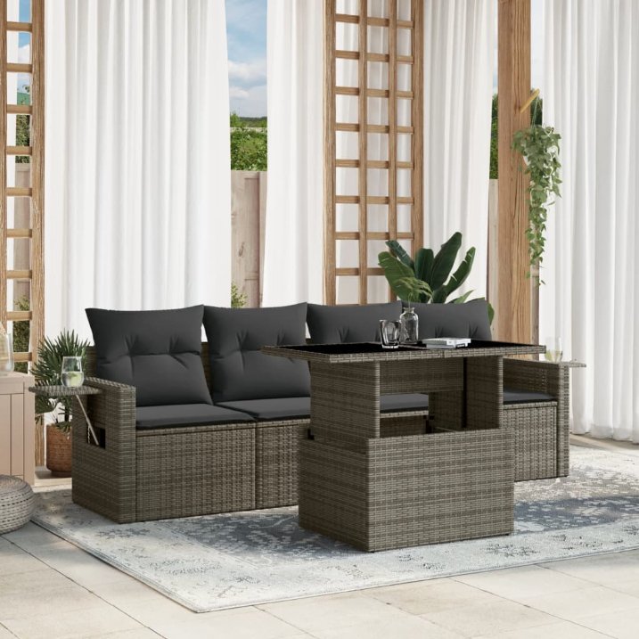 5-tlg. Garten-Sofagarnitur mit Kissen Schwarz Poly Rattan