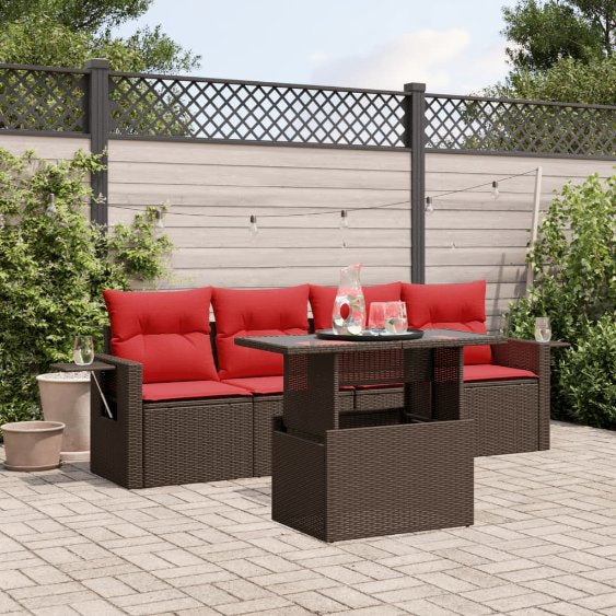5-teiliges Gartensofa-Set mit Kissen, schwarzes Polyrattan