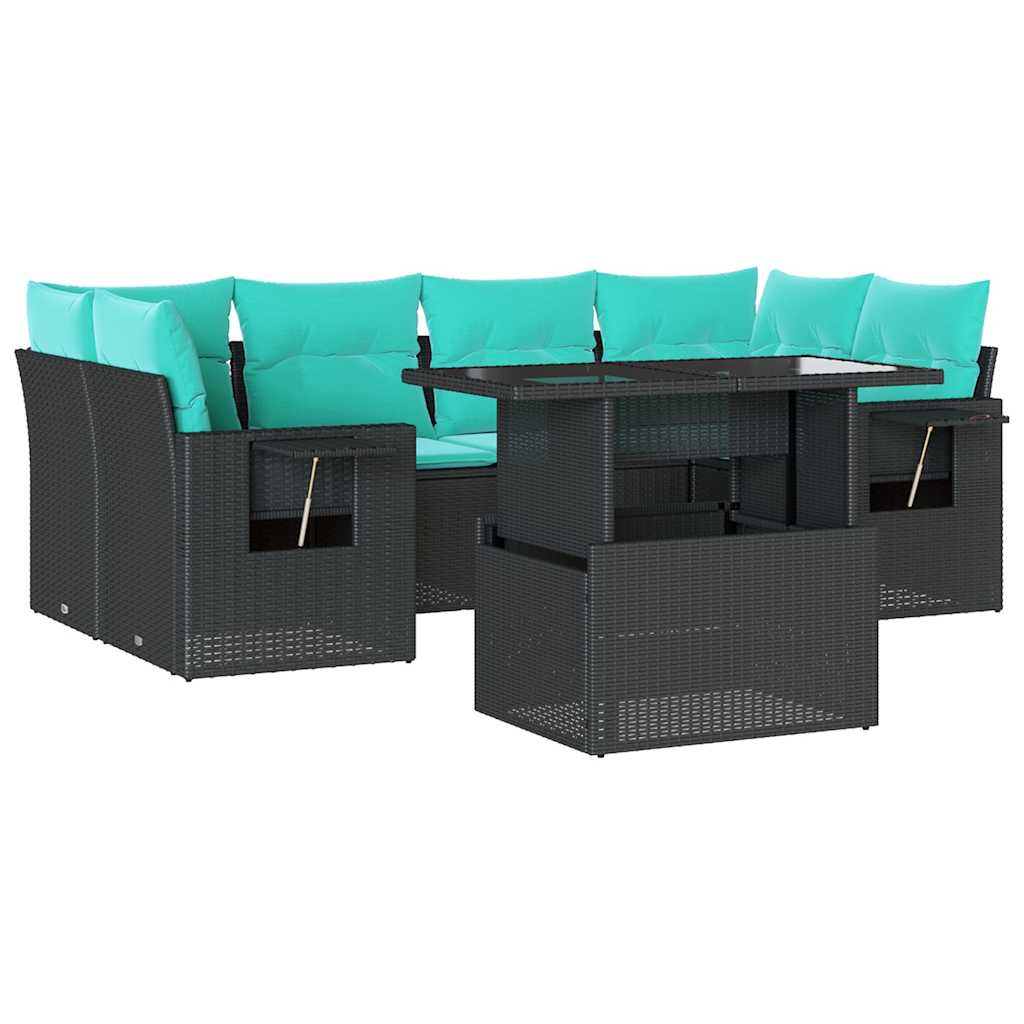 7-teiliges Gartensofa-Set mit Kissen, schwarzes Polyrattan