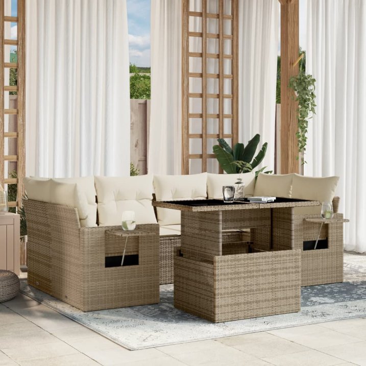 7-tlg. Garten-Sofagarnitur mit Kissen Schwarz Poly Rattan