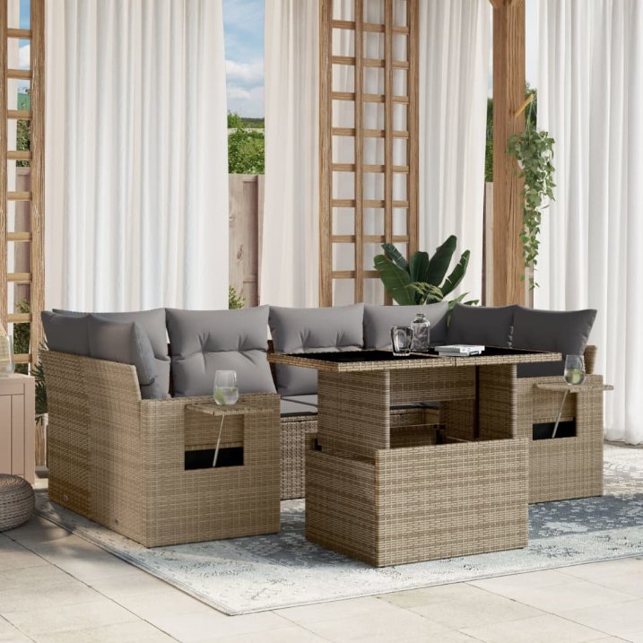 7-tlg. Garten-Sofagarnitur mit Kissen Schwarz Poly Rattan