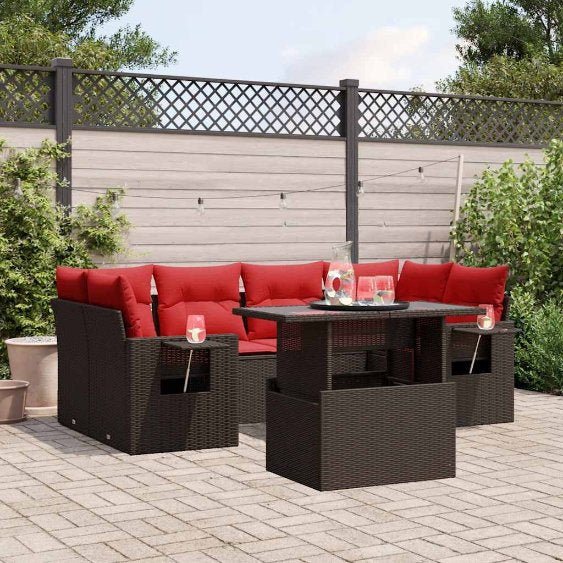 7-teiliges Gartensofa-Set mit Kissen, schwarzes Polyrattan