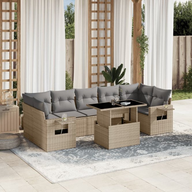 8-tlg. Garten-Sofagarnitur mit Kissen Schwarz Poly Rattan