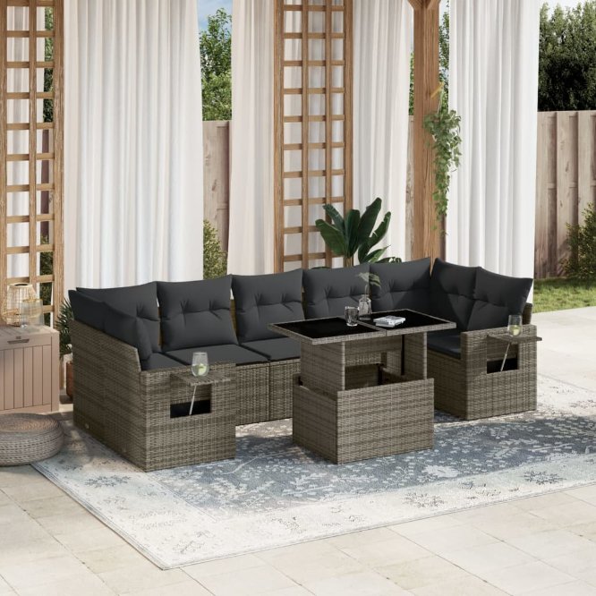 8-tlg. Garten-Sofagarnitur mit Kissen Schwarz Poly Rattan