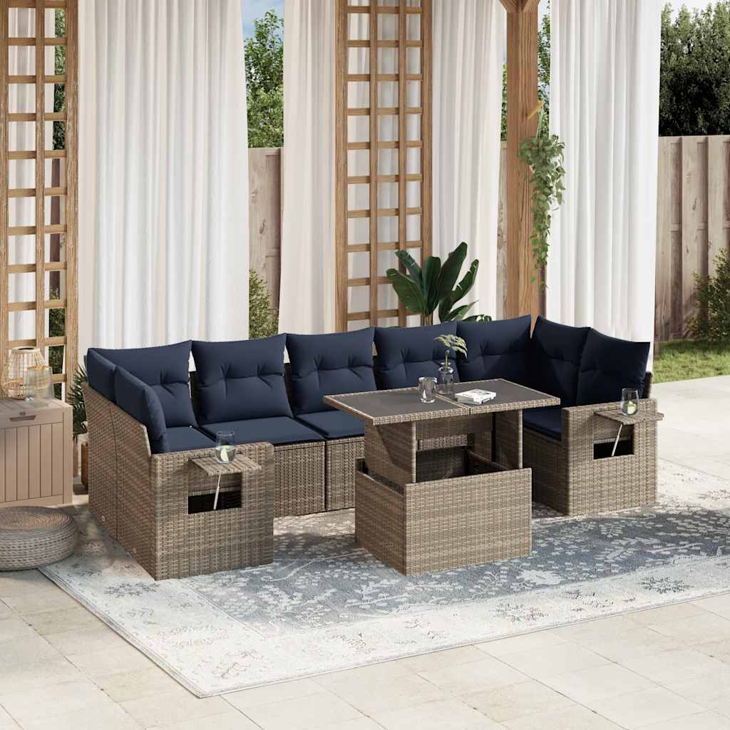 8-teiliges Gartensofa-Set mit Kissen, schwarzes Polyrattan