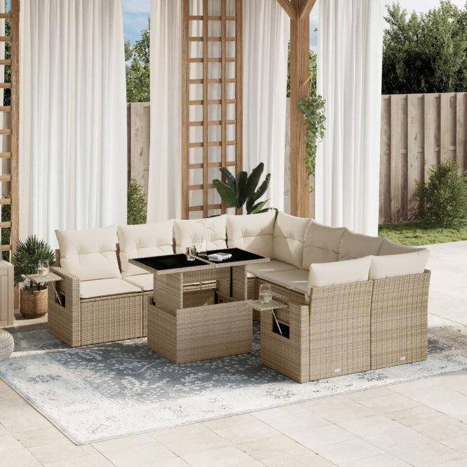 9-tlg. Garten-Sofagarnitur mit Kissen Schwarz Poly Rattan