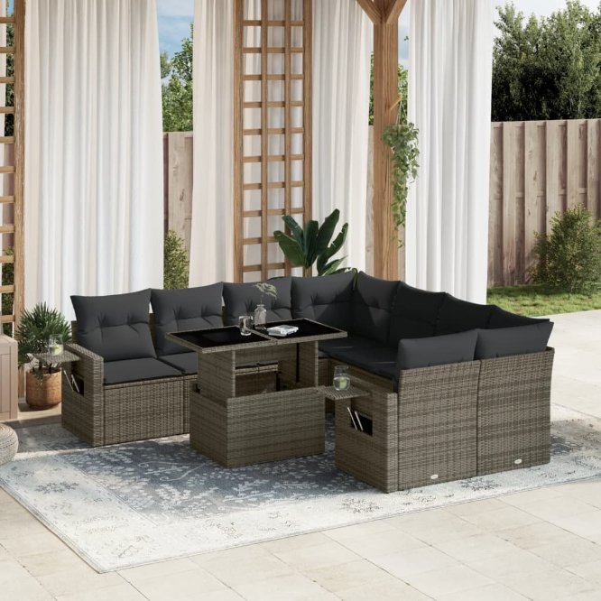 9-tlg. Garten-Sofagarnitur mit Kissen Schwarz Poly Rattan