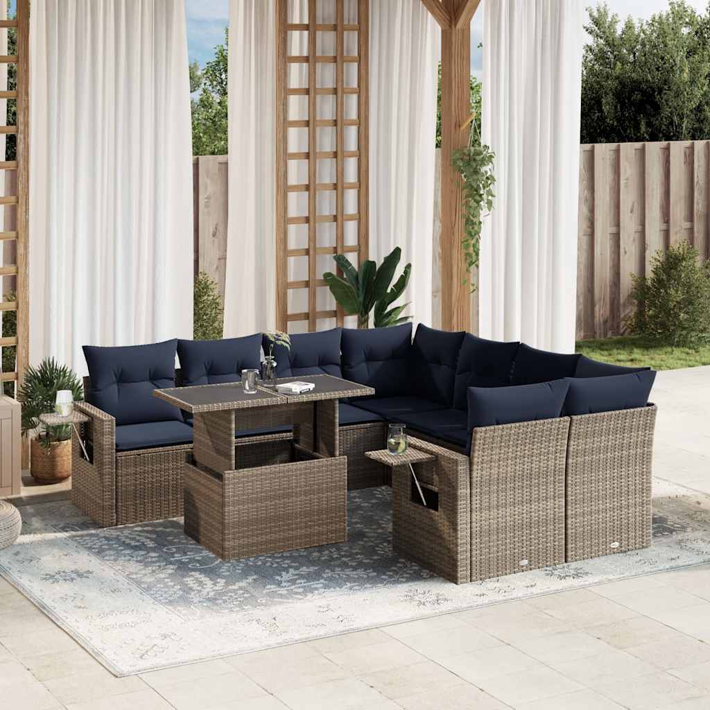 9-teiliges Gartensofa-Set mit Kissen, schwarzes Polyrattan