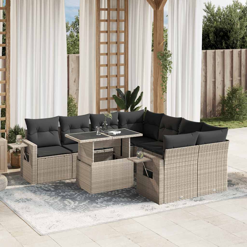 9-tlg. Garten-Sofagarnitur mit Kissen Schwarz Poly Rattan