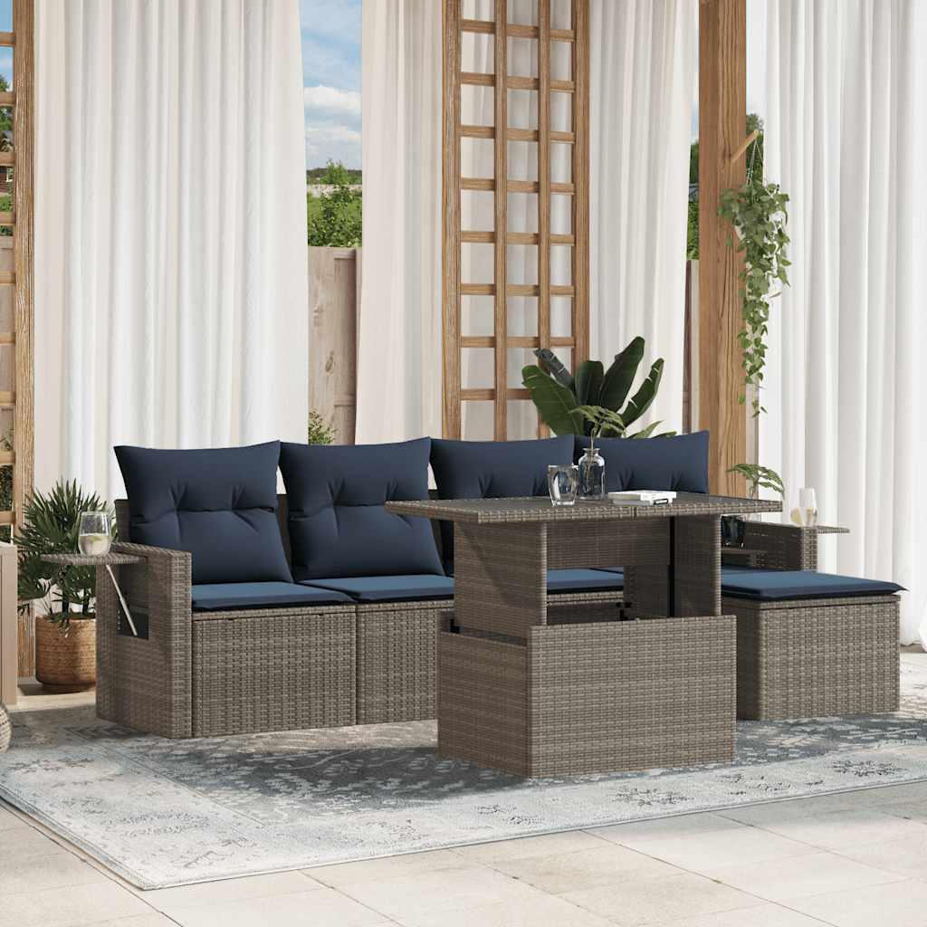6-teiliges Gartensofa-Set mit Kissen, schwarzes Polyrattan