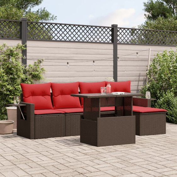 6-teiliges Gartensofa-Set mit Kissen, schwarzes Polyrattan
