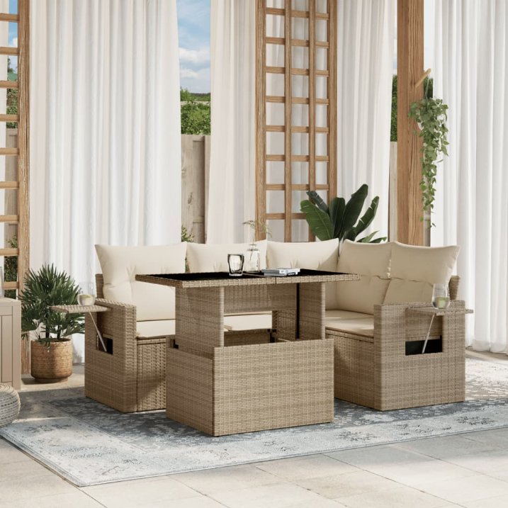5-tlg. Garten-Sofagarnitur mit Kissen Schwarz Poly Rattan