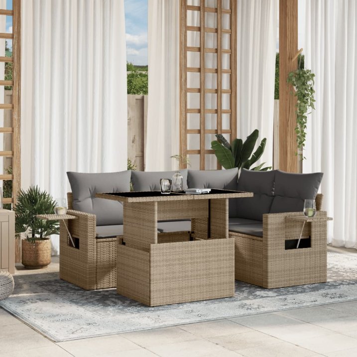 5-tlg. Garten-Sofagarnitur mit Kissen Schwarz Poly Rattan