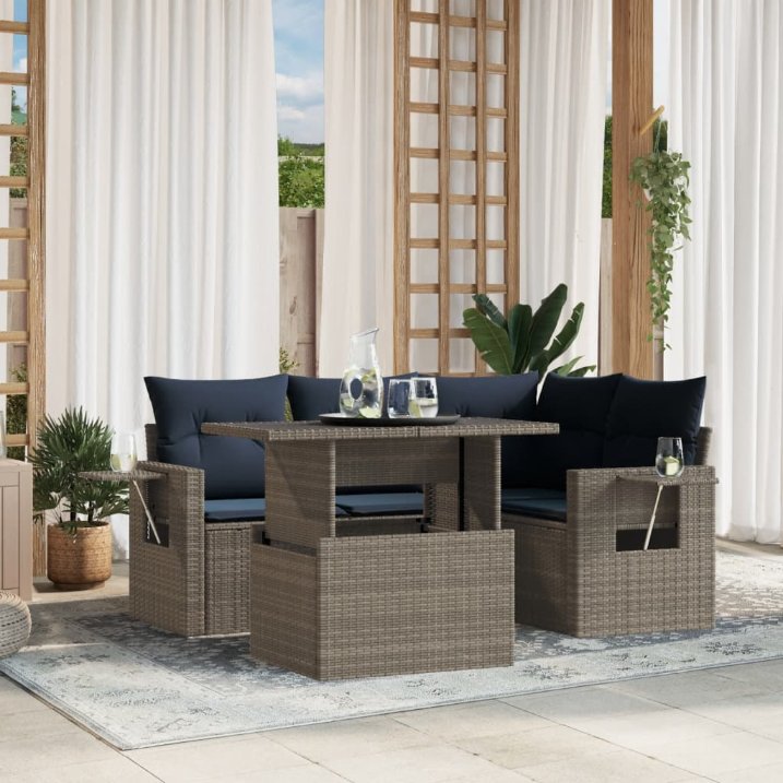 5-teiliges Gartensofa-Set mit Kissen, schwarzes Polyrattan