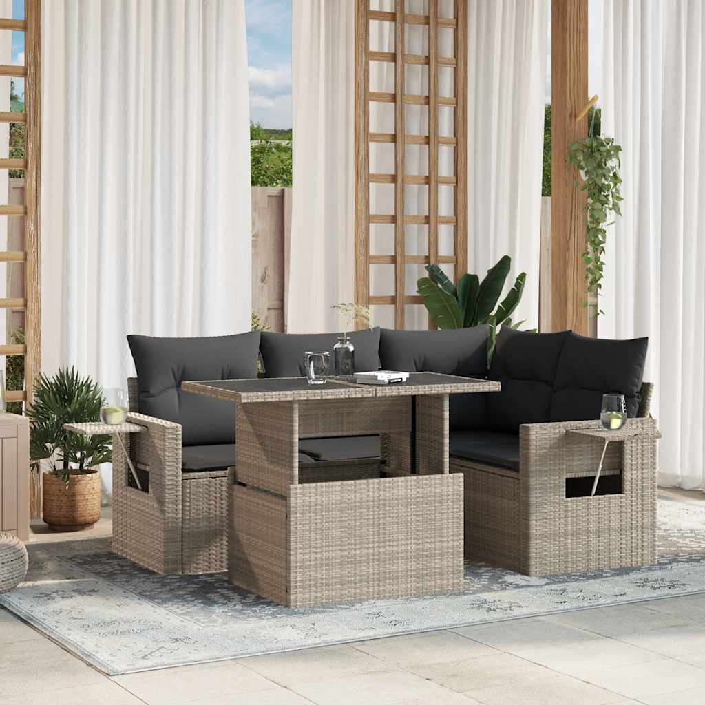 5-tlg. Garten-Sofagarnitur mit Kissen Schwarz Poly Rattan