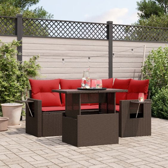 5-teiliges Gartensofa-Set mit Kissen, schwarzes Polyrattan
