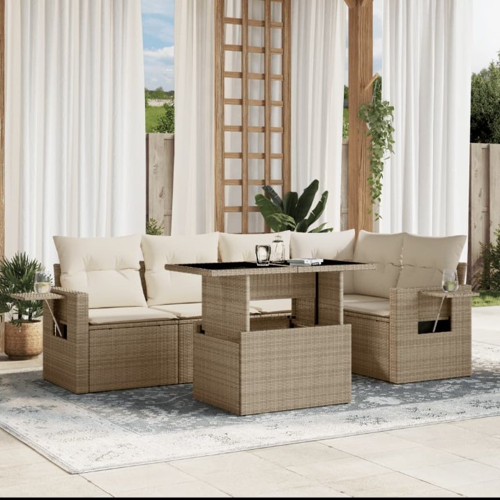 6-tlg. Garten-Sofagarnitur mit Kissen Schwarz Poly Rattan