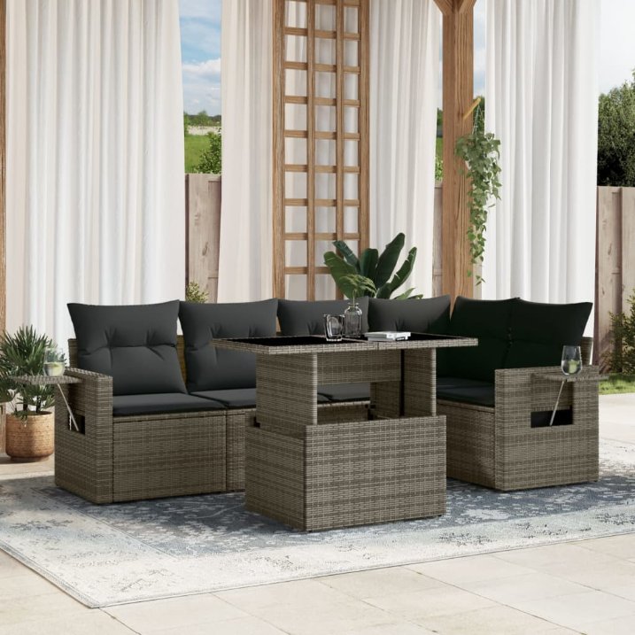 6-tlg. Garten-Sofagarnitur mit Kissen Schwarz Poly Rattan
