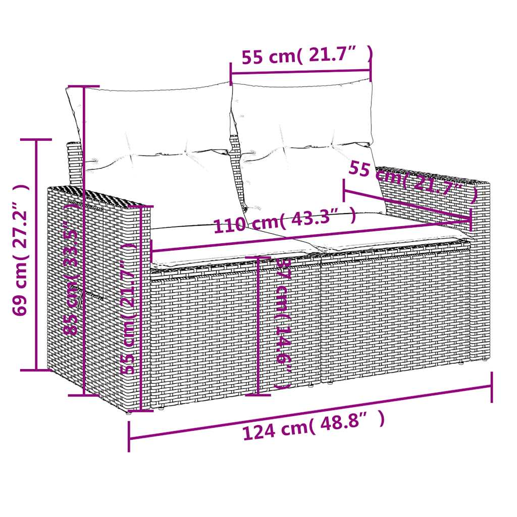 6-teiliges Gartensofa-Set mit Kissen, schwarzes Polyrattan