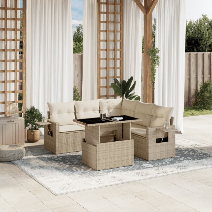 6-tlg. Garten-Sofagarnitur mit Kissen Schwarz Poly Rattan