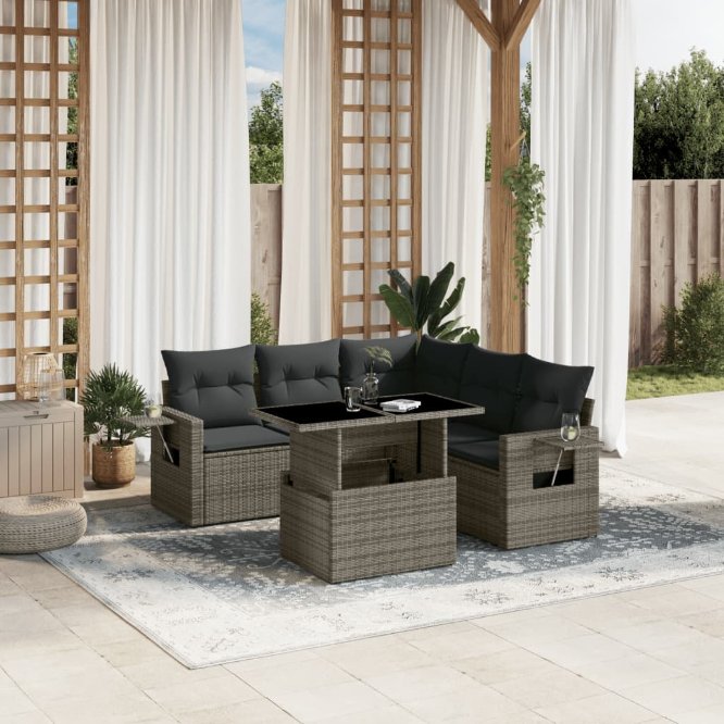 6-tlg. Garten-Sofagarnitur mit Kissen Schwarz Poly Rattan