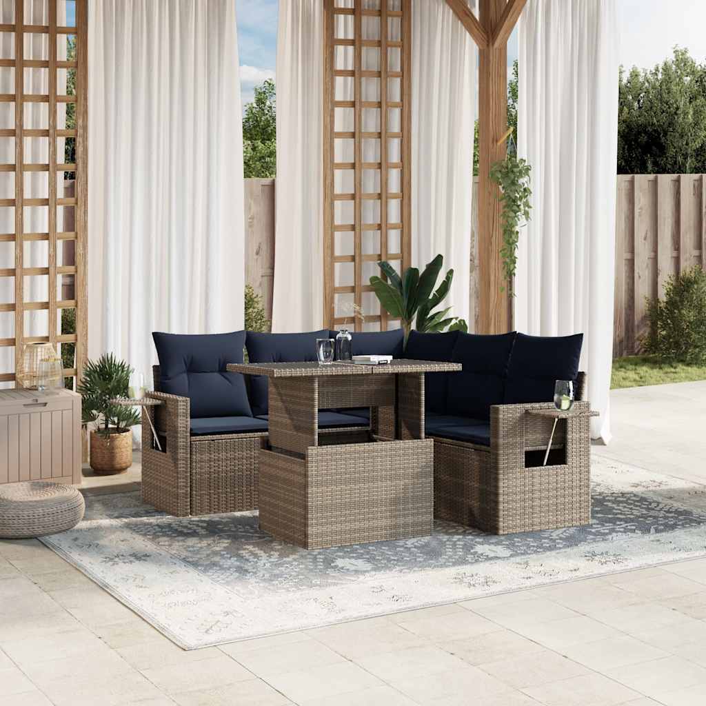 6-teiliges Gartensofa-Set mit Kissen, schwarzes Polyrattan