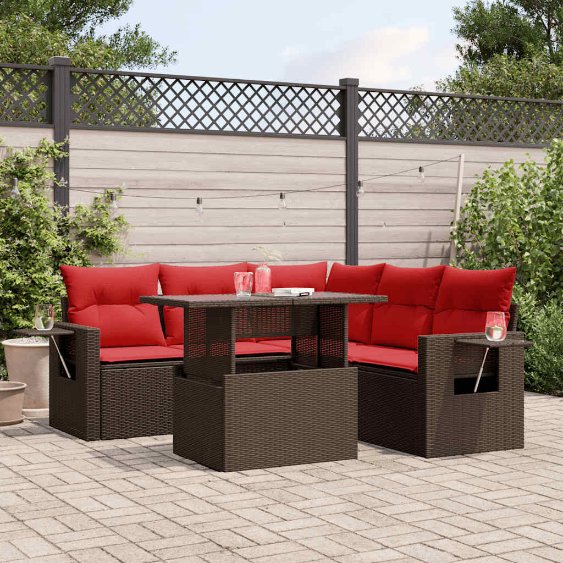 6-teiliges Gartensofa-Set mit Kissen, schwarzes Polyrattan